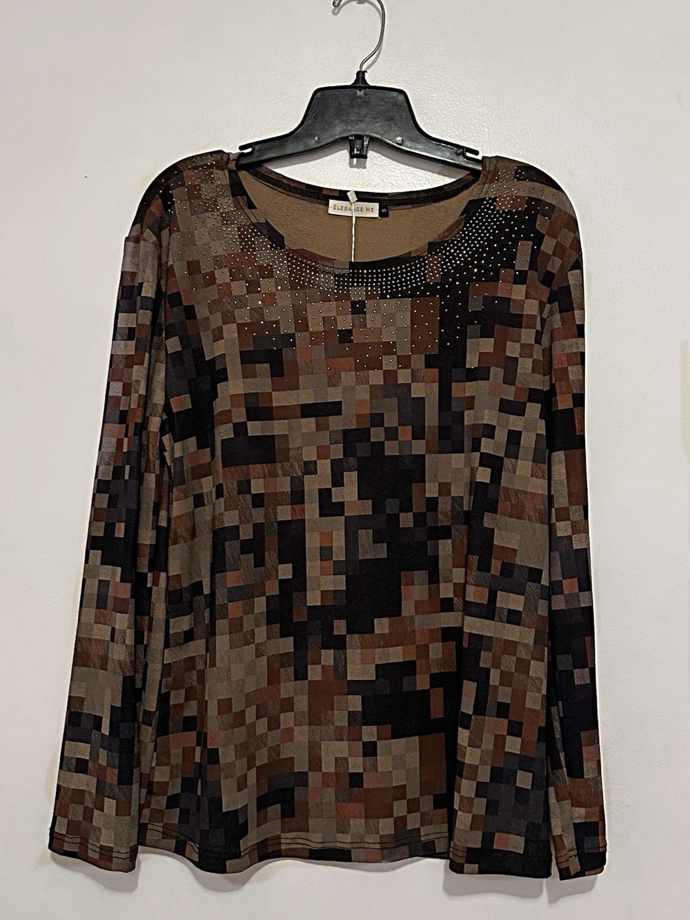 Pixel-Print Long-Sleeve Top in Brown and Black